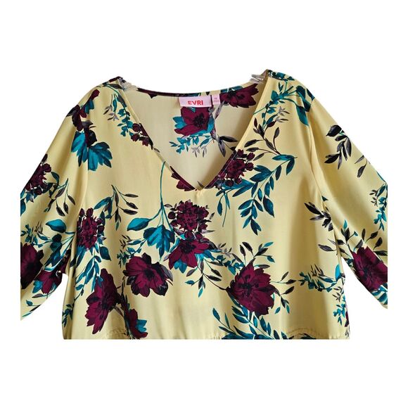 EVRI Women's 1X Blouse V-Neck Drawstring Waist Yellow Floral 3/4 Sleeve 50" - Picture 2 of 7